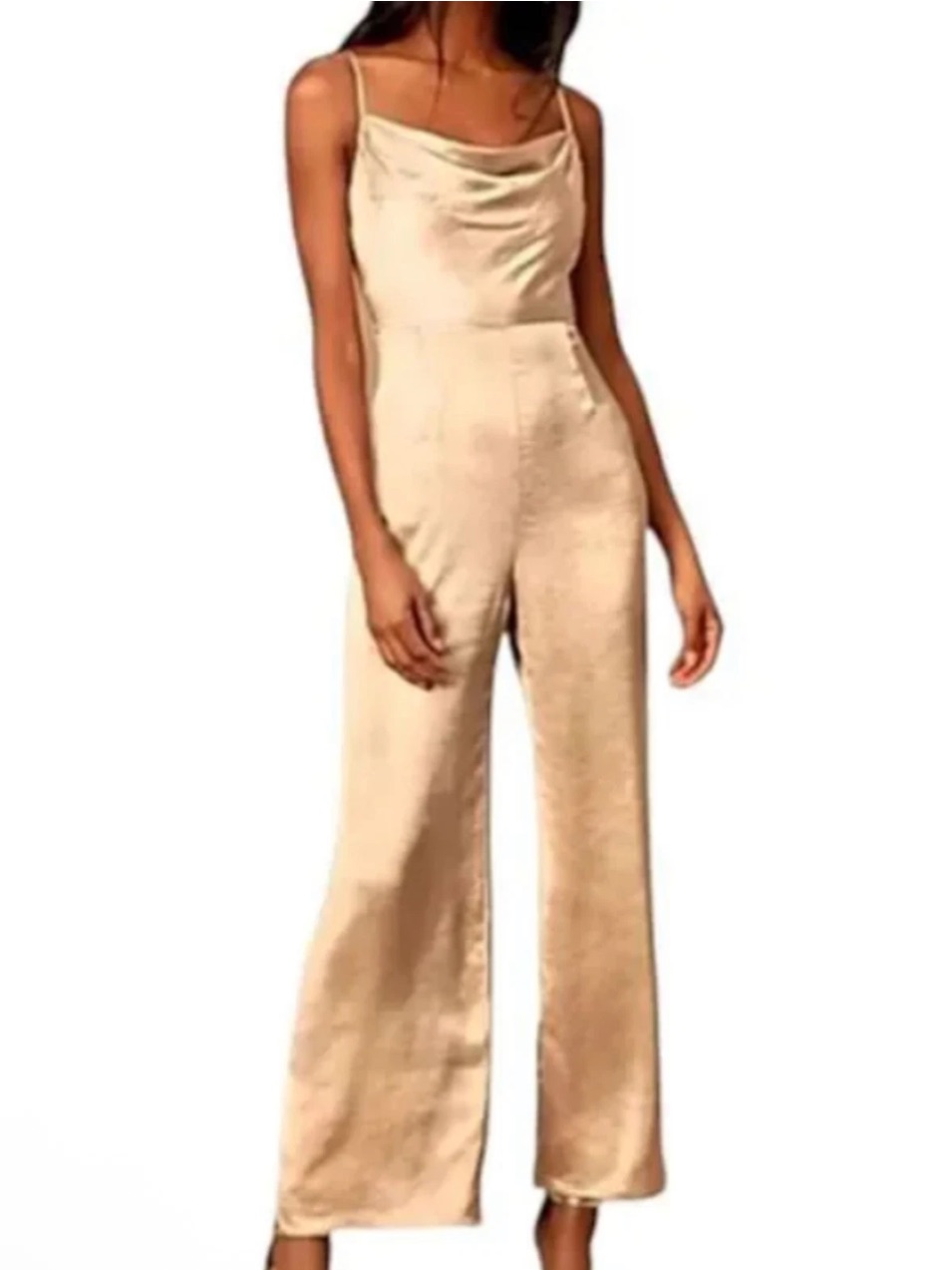 Sincerely Jules Champagne Satin Cowl-Neck Wide-Leg Jumpsuit